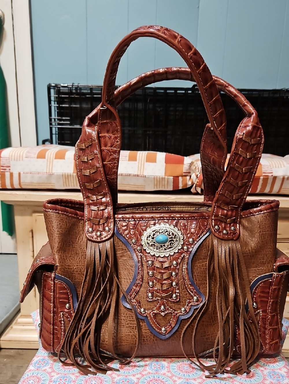 Brown Western Fringe Handbag with Turquoise Medallion